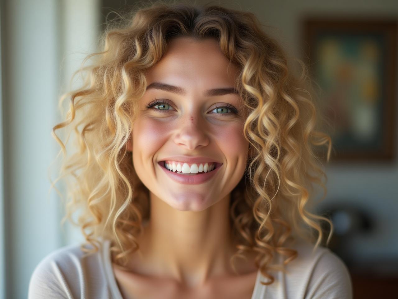 Young woman with blonde curly hair smiling and looking directly at the camera. She has a warm and inviting expression.