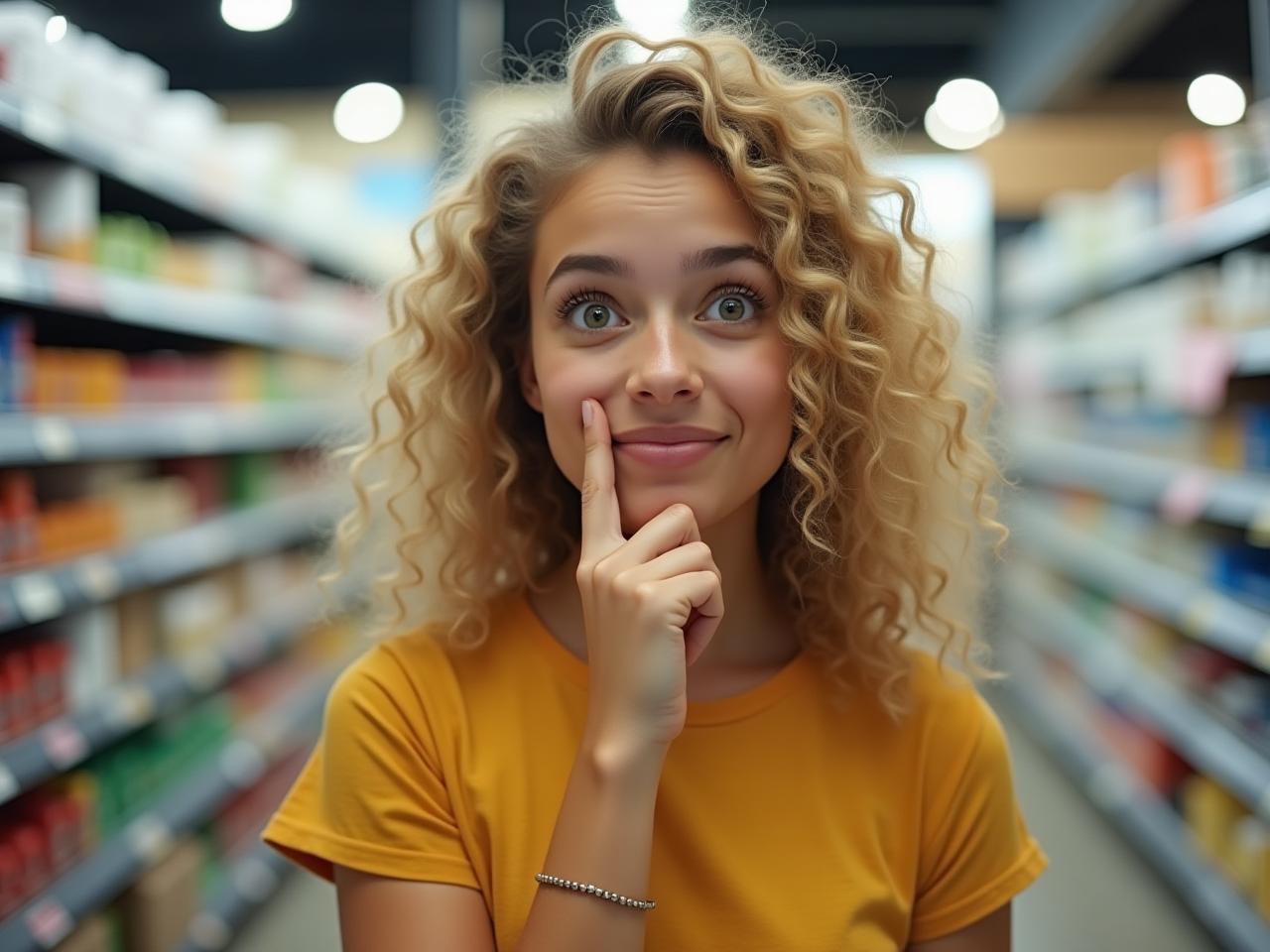 A young woman with curly blonde hair looking thoughtfully at a product shelf, with a skeptical expression.