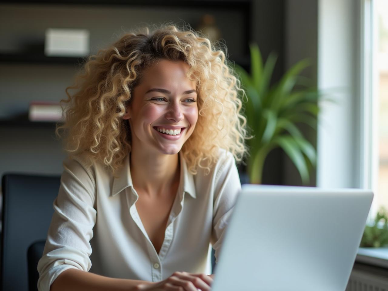 A young woman with curly blonde hair smiling while working on an Excel spreadsheet.