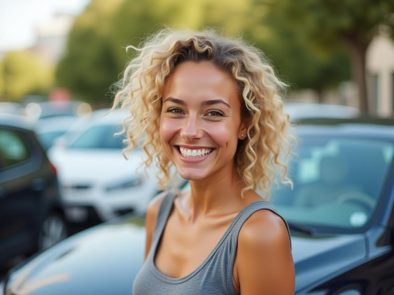 A young woman with curly blonde hair smiling next to her car.