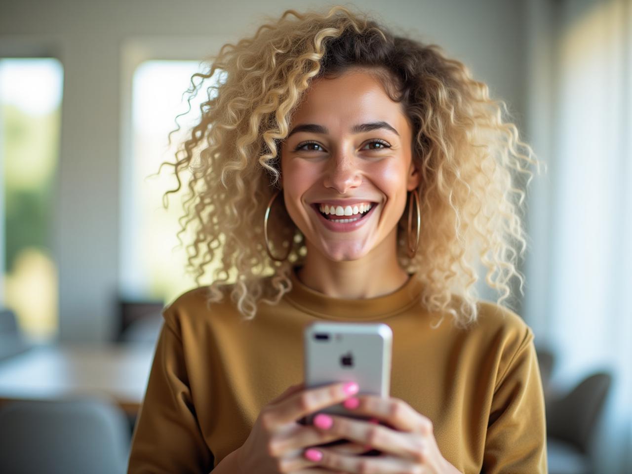 A young woman with blonde curly hair is smiling and holding a smartphone, seemingly measuring something in the air. The background is a brightly lit room.