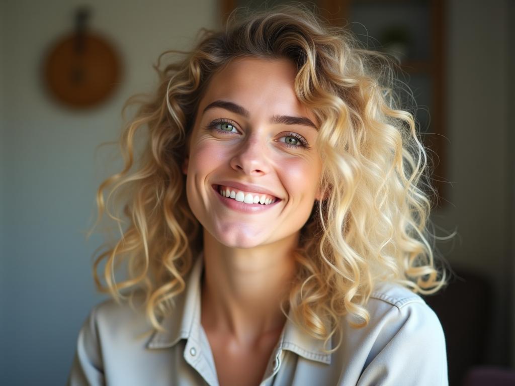 A young woman with curly blonde hair smiling and looking thoughtfully at the camera. She is wearing a casual outfit and has a friendly, approachable expression.
