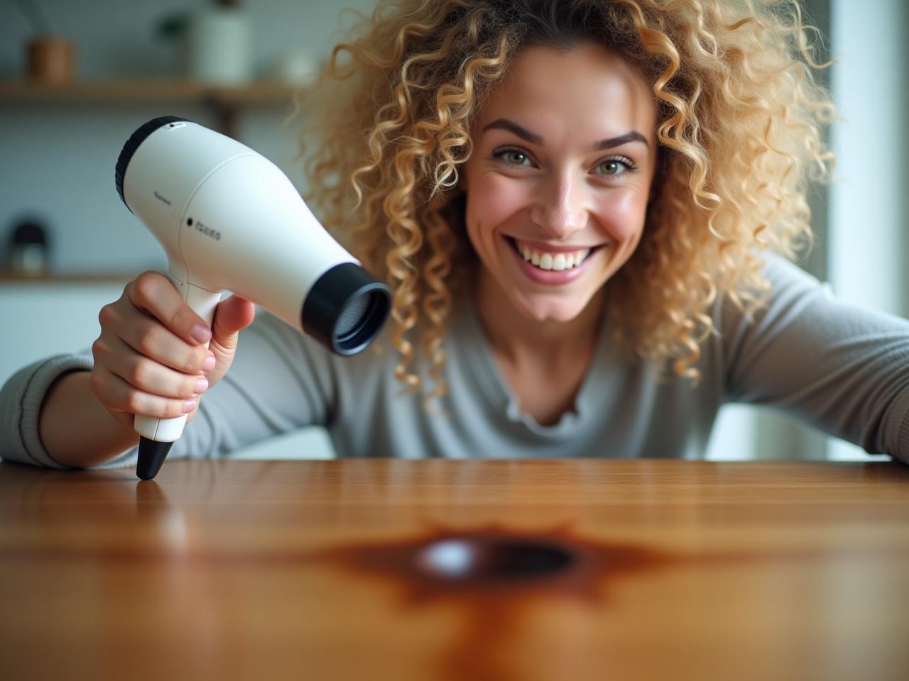 A close-up of a smiling young woman with curly blonde hair, holding a hair dryer towards a wooden table with a water ring stain. She is demonstrating the solution discussed in the article.