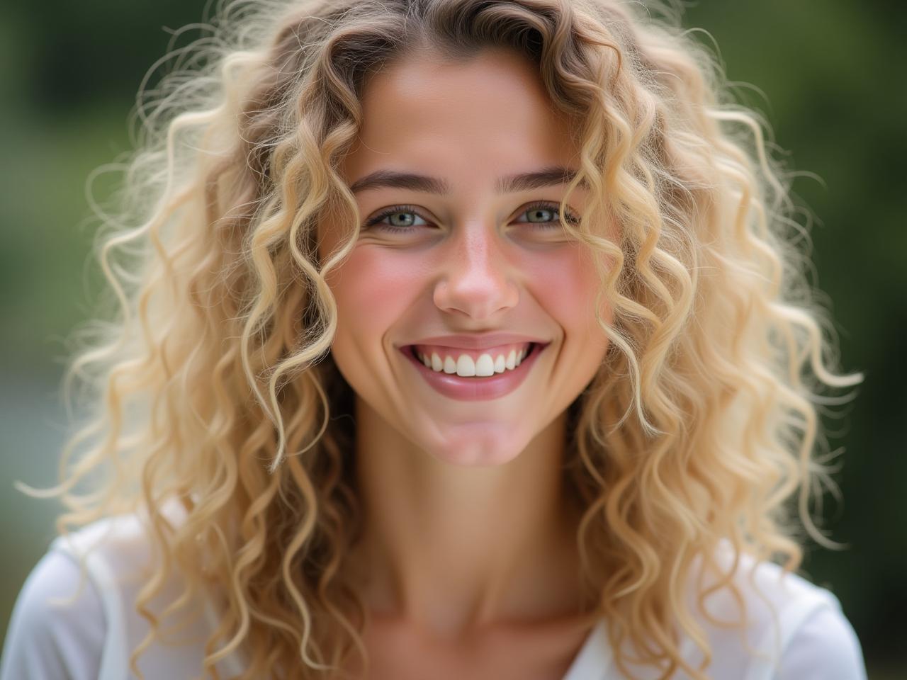 A young woman with curly blonde hair is smiling warmly. She has bright, expressive eyes and looks directly at the viewer. The background is soft and out of focus, suggesting a natural setting.