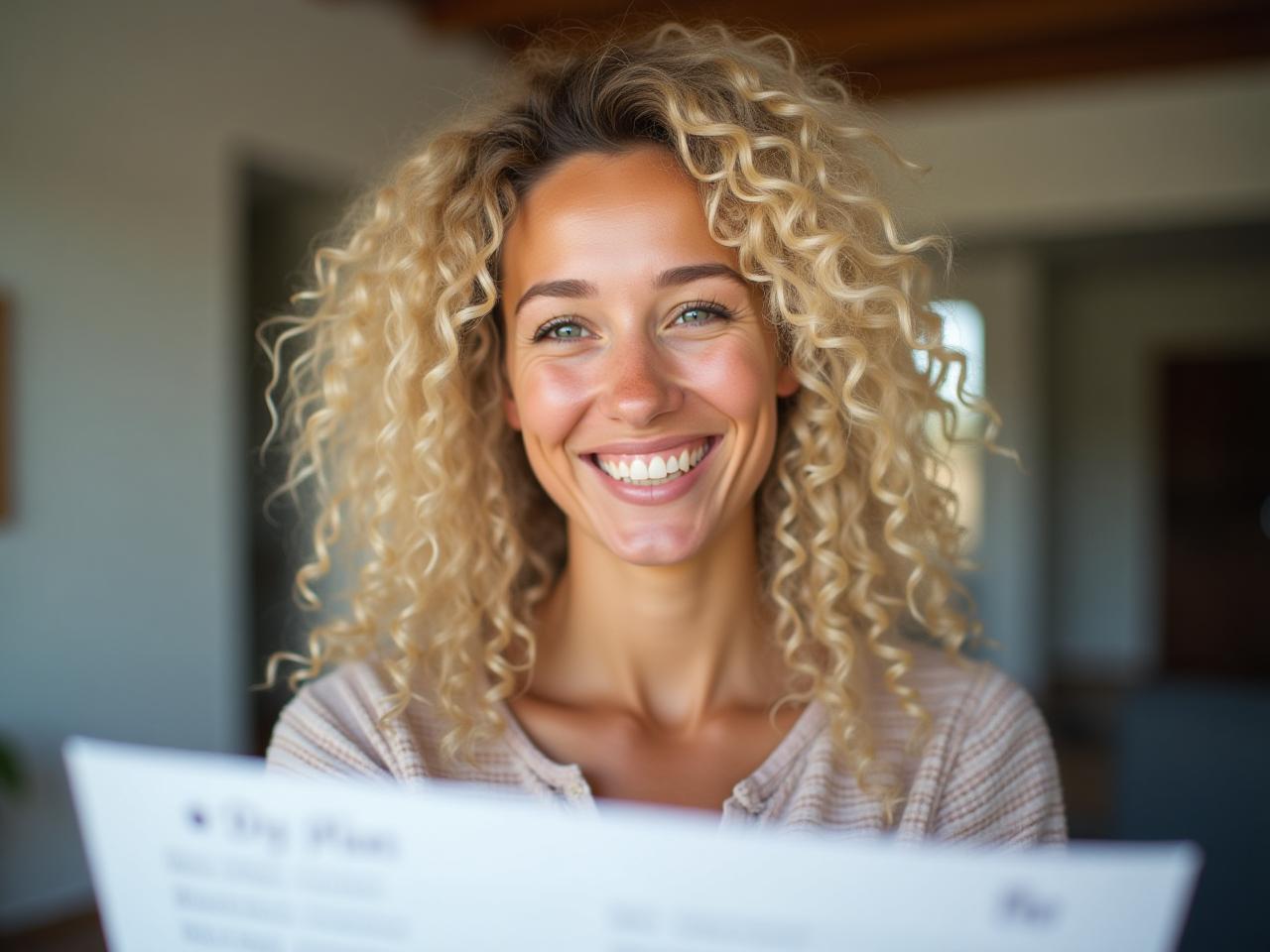 A young woman with curly blonde hair smiling while looking at a DIY plan.