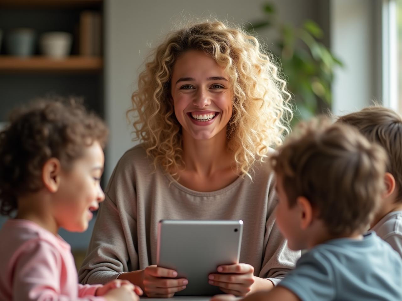 A young woman with curly blonde hair smiling warmly, surrounded by children playing, with a tablet subtly placed in the background.
