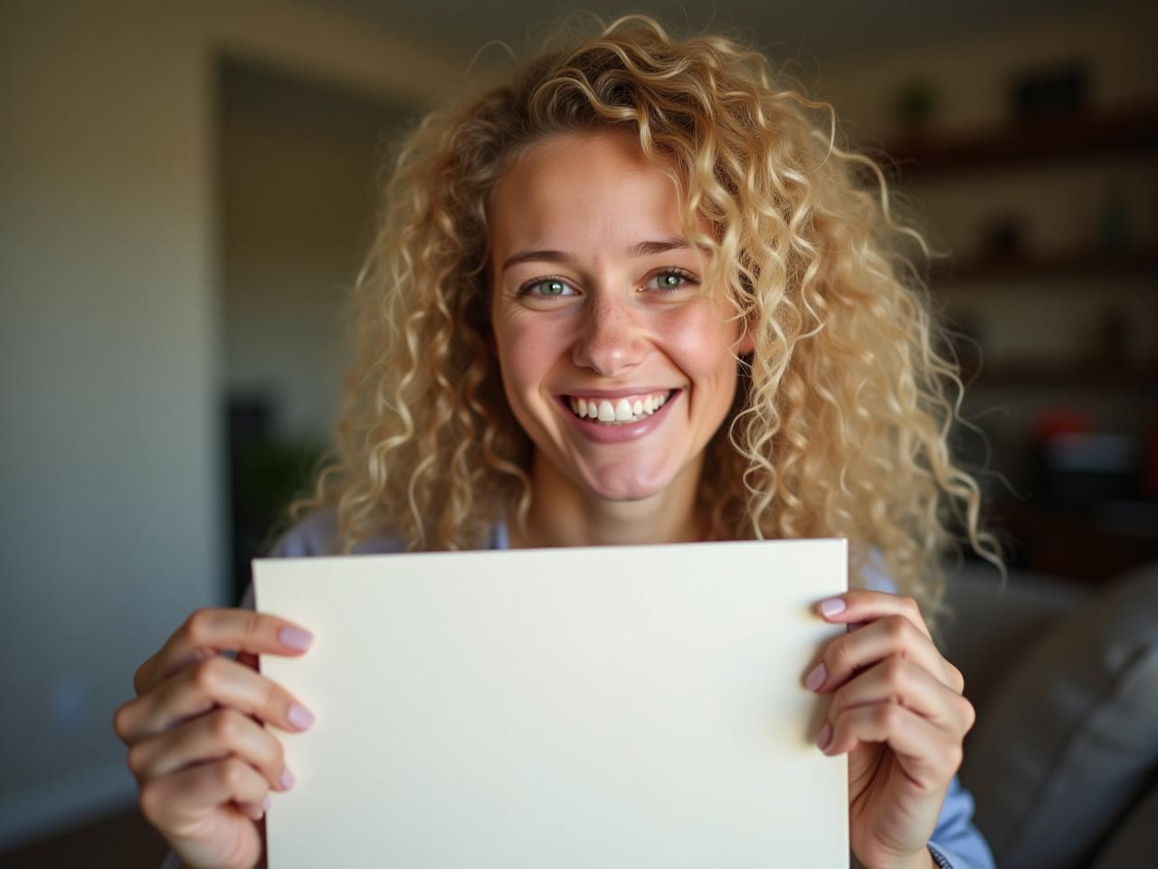 A young woman with curly blonde hair smiles warmly, holding a clean, sticker-free surface. The background is a slightly blurred, cozy home setting.