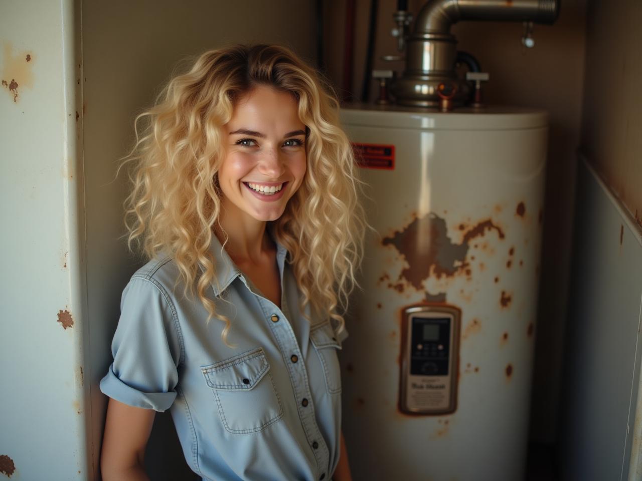 A young woman with curly blonde hair, looking slightly frazzled but smiling, standing next to a damaged hot water heater (dud hashmal). The scene is humorous, emphasizing the lesson learned from the DIY gone wrong.