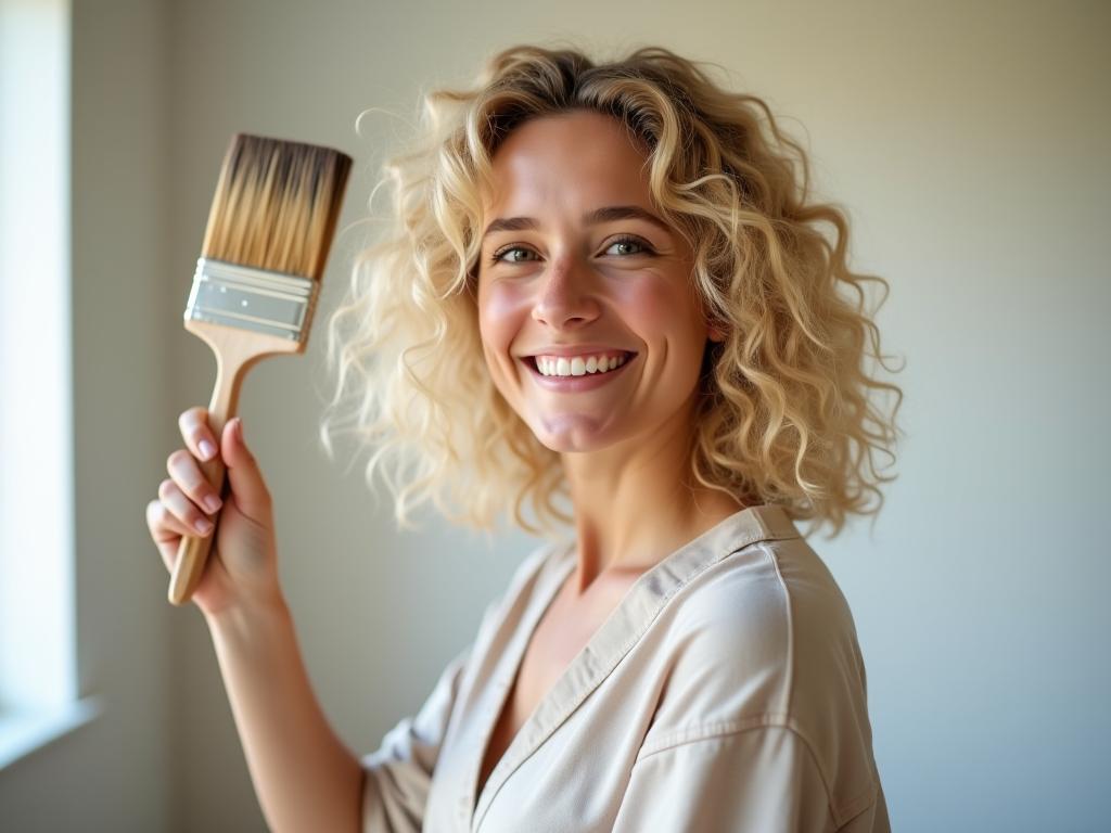 A young woman with curly blonde hair smiling, holding a paint brush in a freshly painted room.