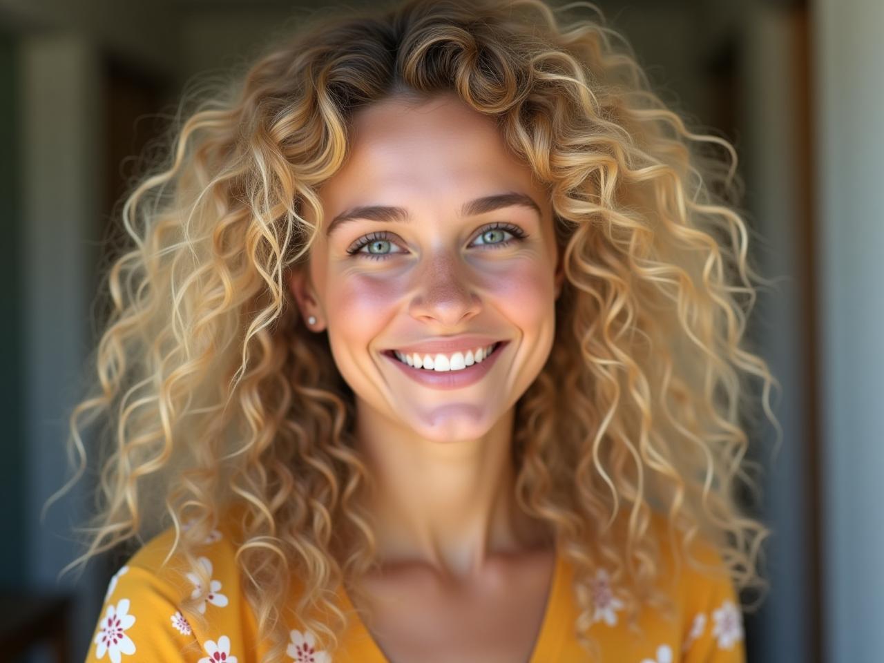 A young woman with curly blonde hair, a warm smile, and bright eyes looking directly at the viewer.