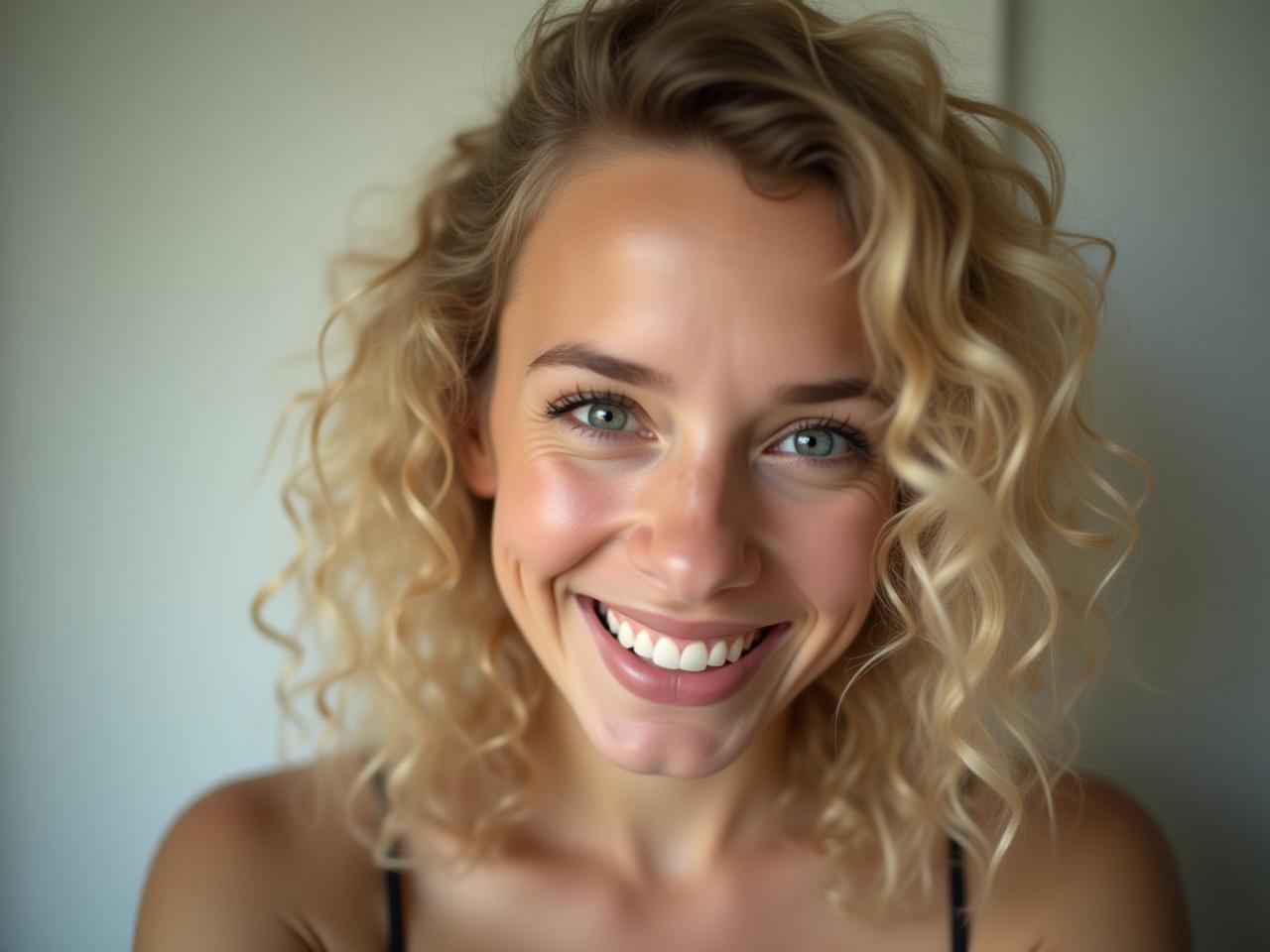 A young woman with curly blonde hair and a warm smile, looking directly at the camera in a friendly and approachable manner.