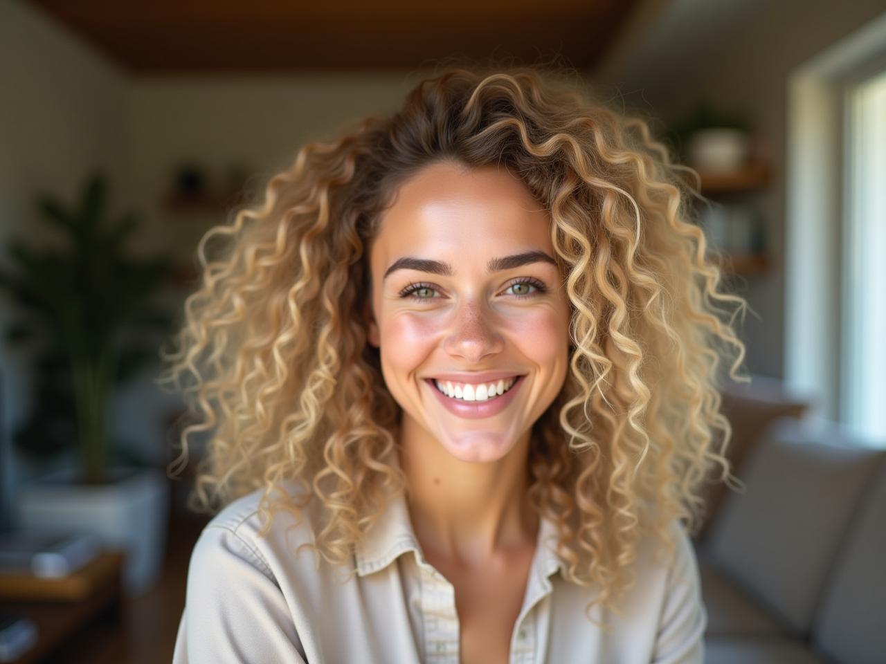A young woman with curly blonde hair smiles warmly. She is surrounded by a blurred background of a cozy home, suggesting a sense of peace and understanding.