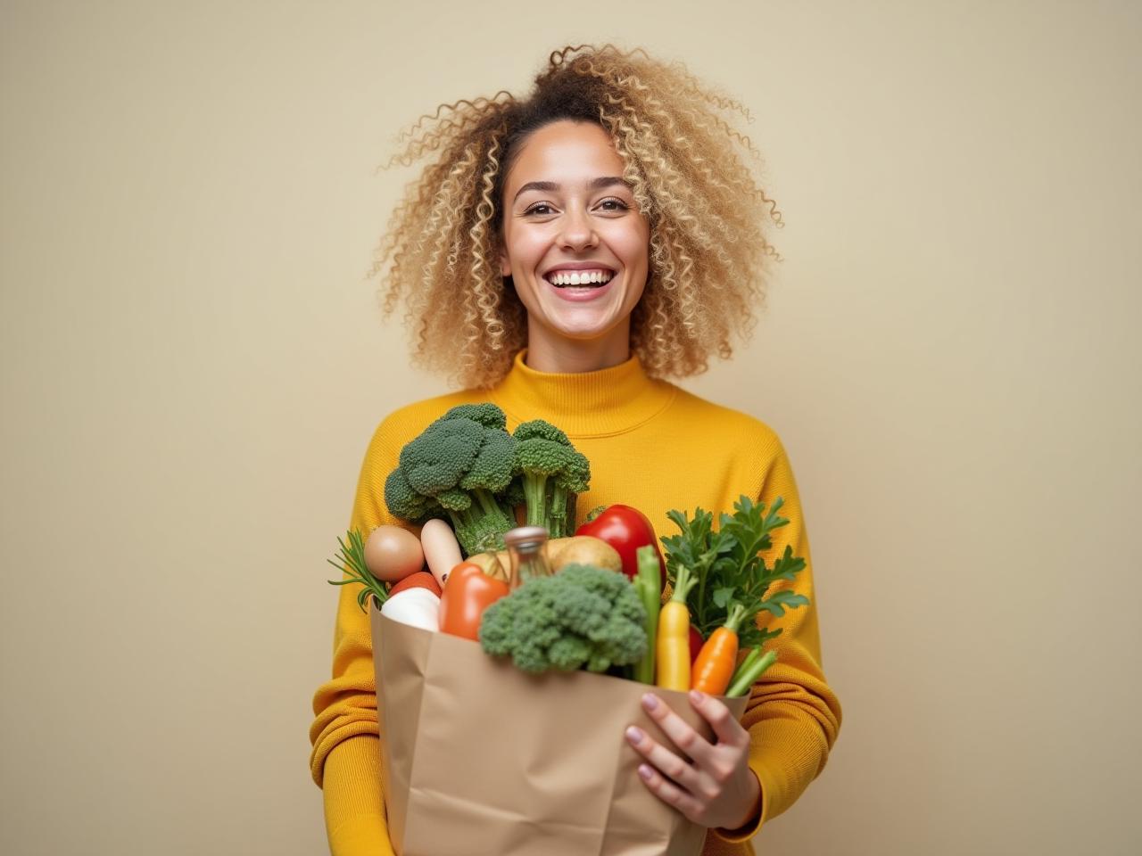 A young woman with blonde curly hair smiles warmly while holding a shopping bag filled with groceries, symbolizing smart shopping and savings.