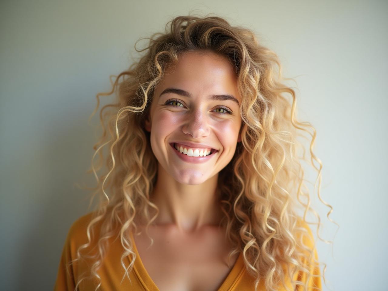 A young woman in her late 20s with long, curly blonde hair, smiling warmly. She looks energetic and approachable.