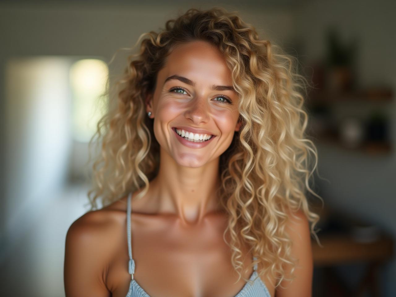A young woman with curly blonde hair smiling genuinely at the camera.