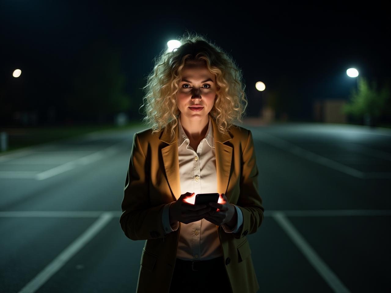 A woman with blonde curly hair standing in a dimly lit parking lot, holding a phone as a flashlight, looking slightly scared but determined.