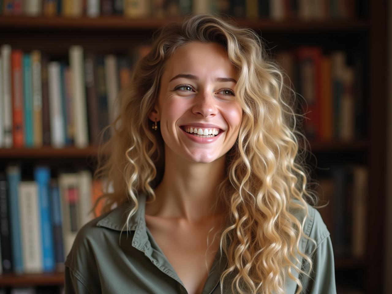 A young woman with long, curly blonde hair and a bright smile, standing in front of a bookshelf, looking thoughtful.