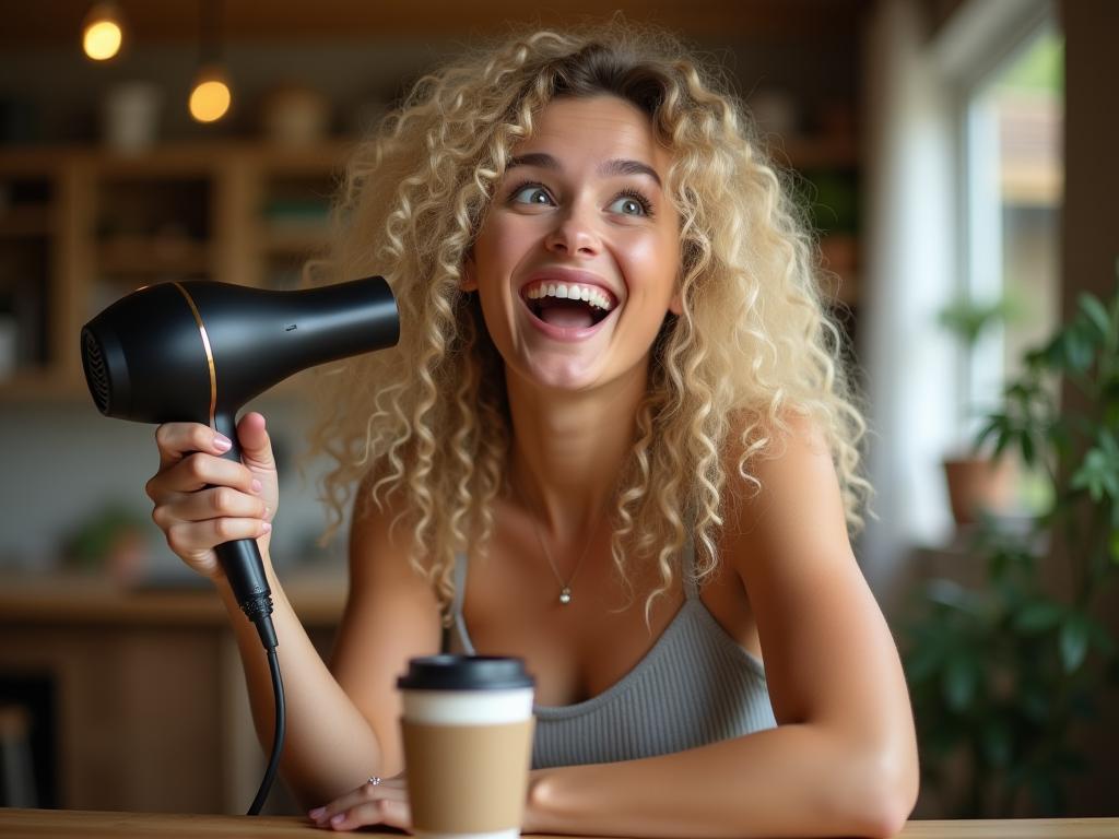 A woman with blonde curly hair holding a hair dryer near a wooden table with a cup stain, looking surprised and happy.