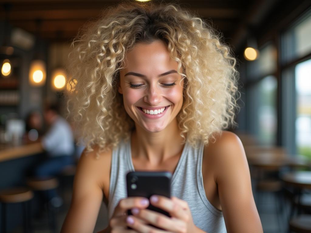 A young woman with curly blonde hair smiling warmly while looking at a phone. The background is blurred, suggesting a cafe or co-working space.