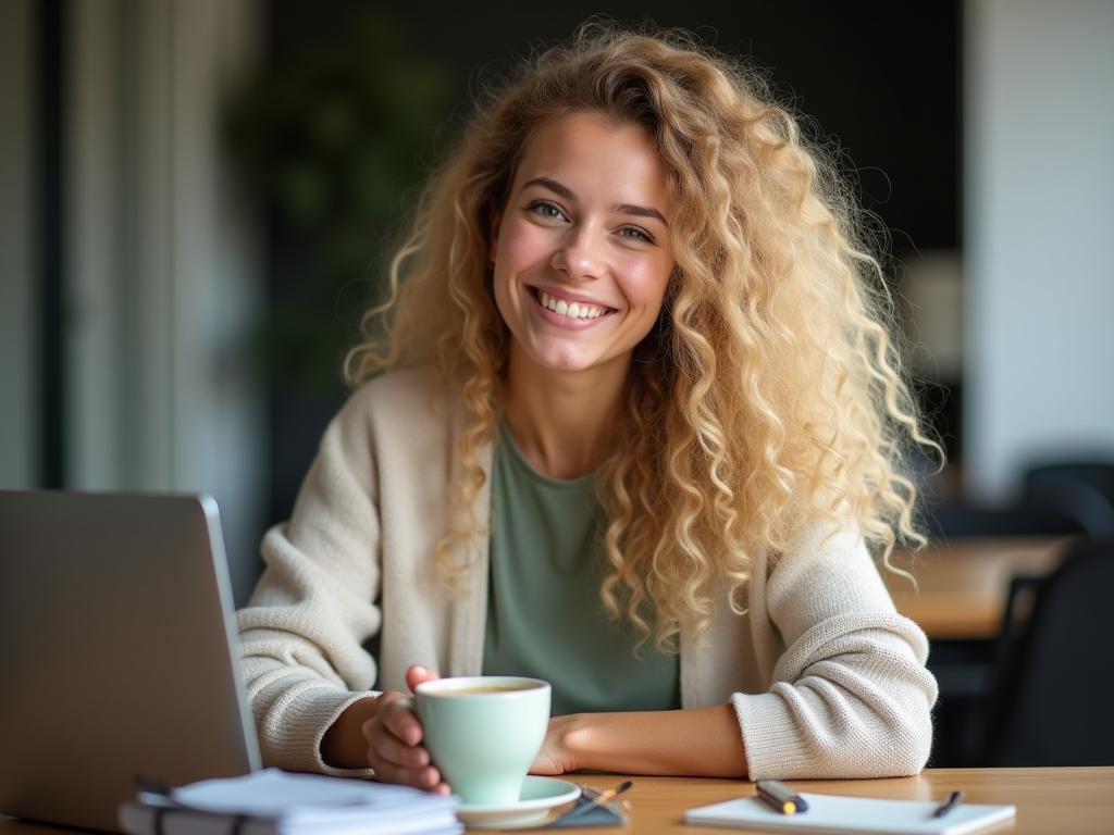 A young woman with long, curly blonde hair smiles while holding a steaming cup of green tea. She is sitting at a desk with a laptop and a notebook, suggesting a work or study environment.