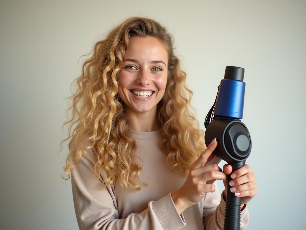 A young woman in her late 20s with long, curly blonde hair smiles while holding a small, handheld vacuum cleaner.