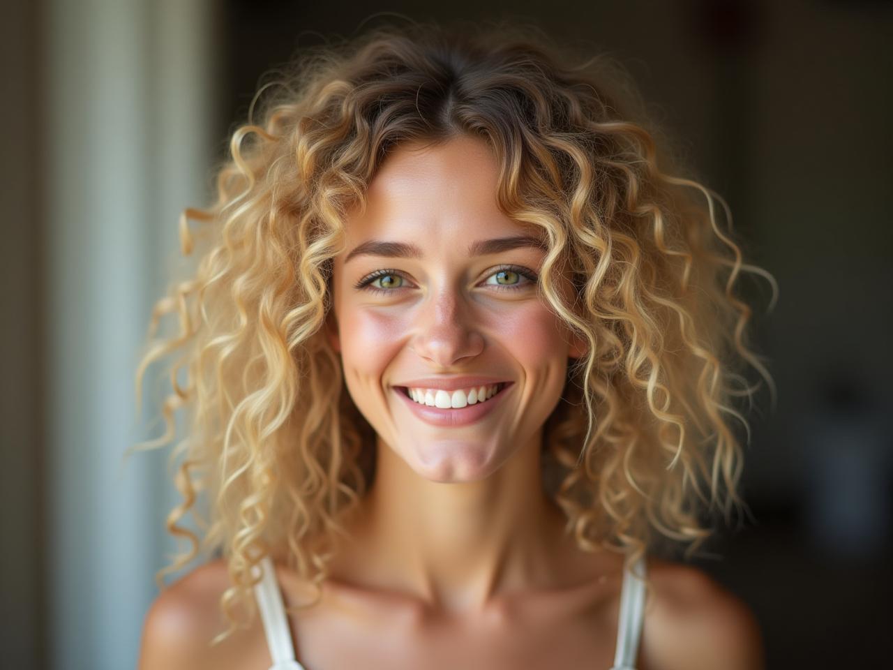 Young woman in her late 20s with curly blonde hair, large lively eyes, and a wide infectious smile.
