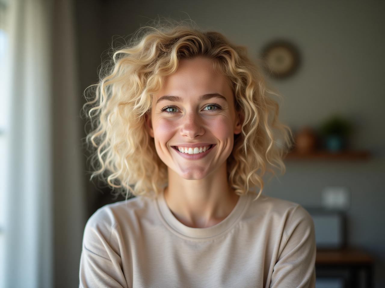 Young woman with curly blonde hair smiling, looking thoughtful about home insurance.