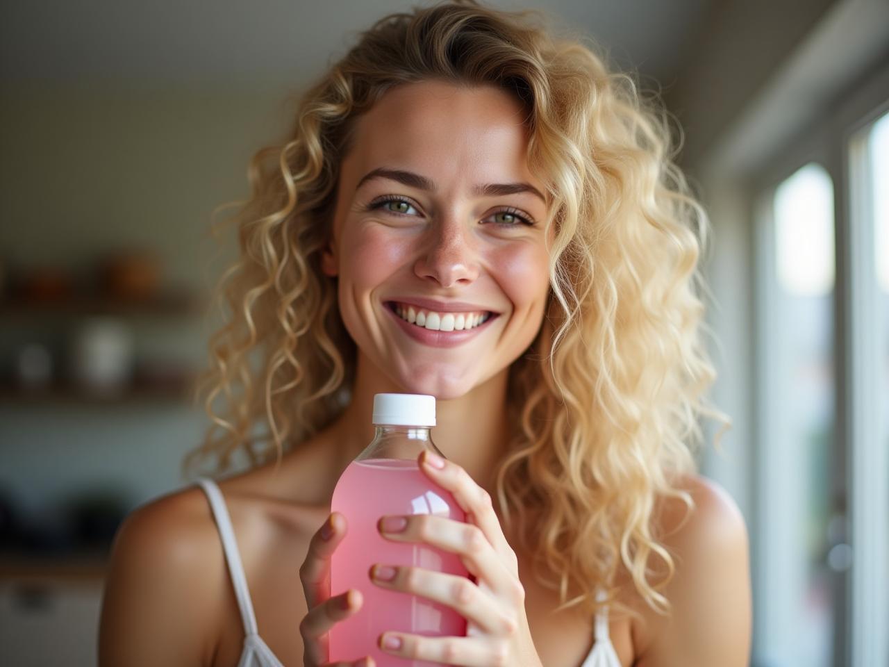 Young woman with curly blonde hair, smiling and holding a bottle of homemade rosewater.
